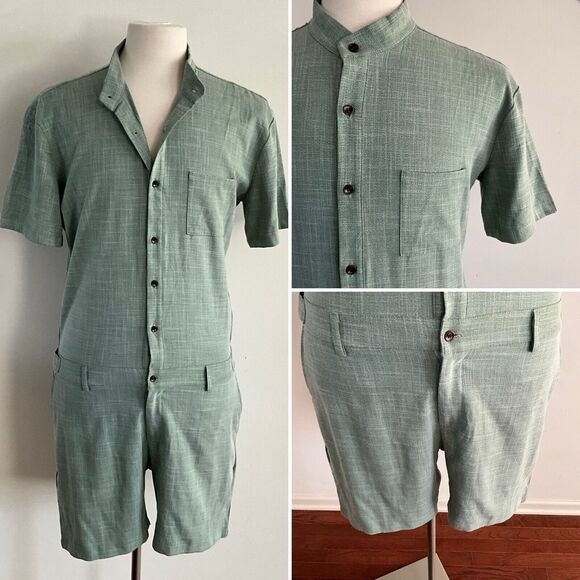 ROMPERJACK Romper Men Green Button Up Short Sleeve Preppy Stretch Cotton XL - Picture 5 of 10